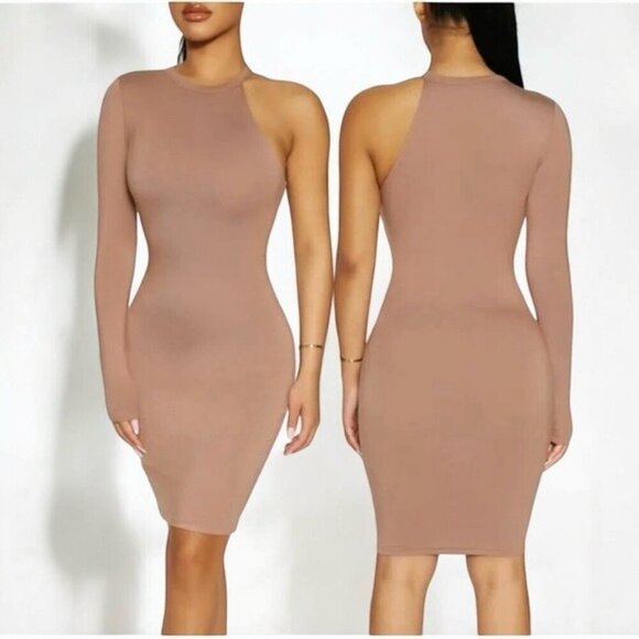 🌻NWOT Naked Wardrobe Coco Tan One-Shoulder Body-Con Minidress | Size L - Picture 1 of 8
